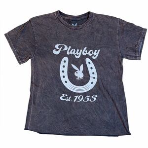 Playboy Horseshoe Bunny 1953 graphic tee shirt brown vintage acid wash Small